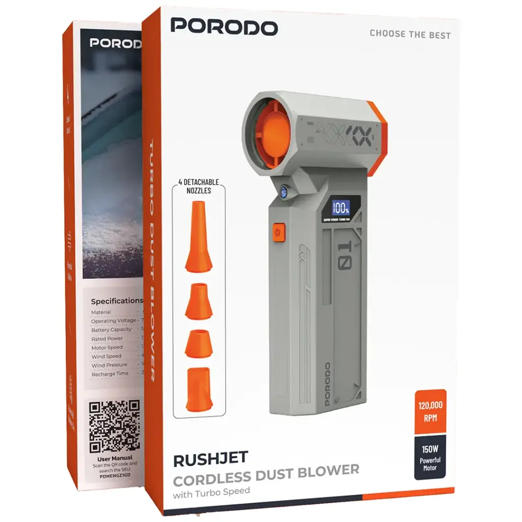 نافخ غبار لاسلكي بورودو راشجيت بسرعة توربو - ذهبي/برتقالي | Porodo Rushjet Cordless Dust Blower with Turbo Speed - Gold/Orange