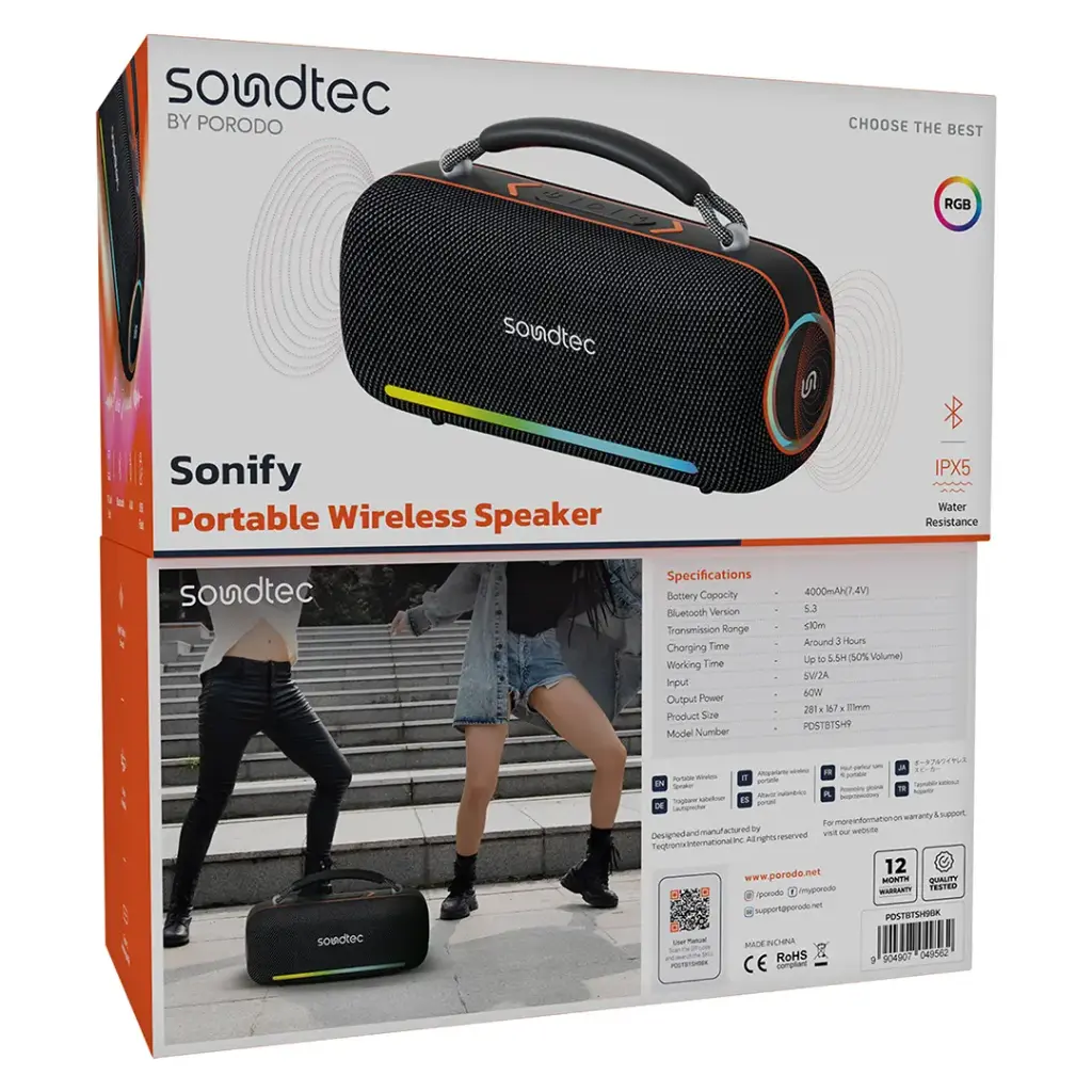 سبيكر بورودو ساوندتيك سونيفاي اللاسلكي المحمول 60W مقاوم للماء - أسود | Porodo Soundtec Sonify Portable Wireless Speaker 60W IPX5 - Black