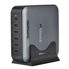 Promate PowerBase-GaN285 محطة شحن مكتبية 285 واط بستة منافذ USB-C - صورة أمامية