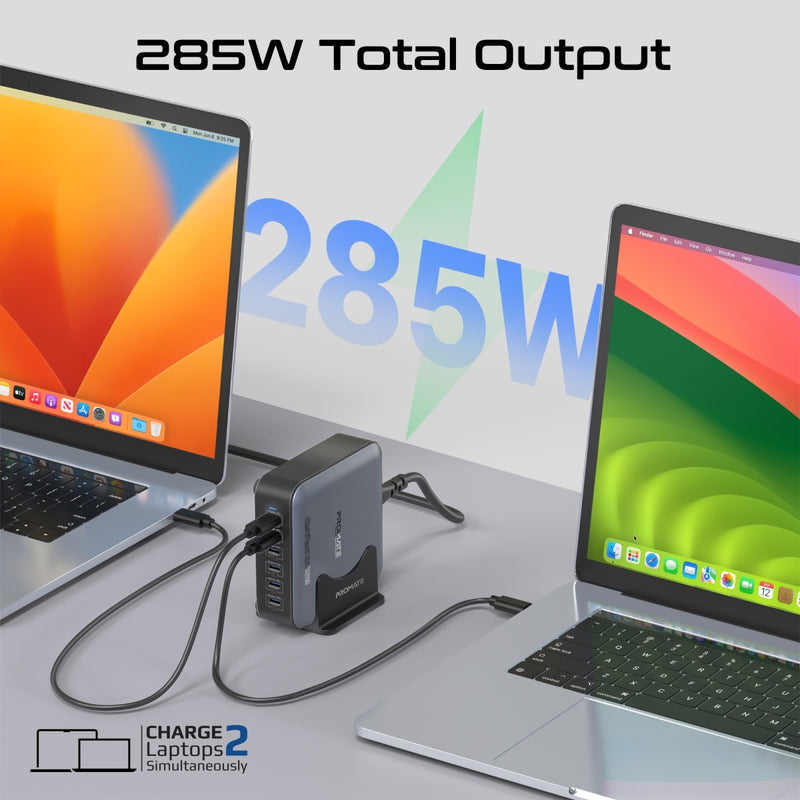 Promate PowerBase-GaN285 ستة منافذ USB-C بقوة 100 واط و 65 واط وأربعة بـ 30 واط