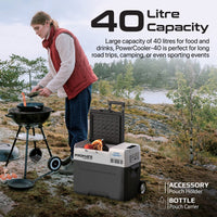 Promate PowerCooler-40 mini fridge open lid showing 40 litre interior with food and drinks