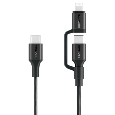 Promate PowerLink-CCi Black 2-in-1 MFi Lightning and USB-C charging cable - main view