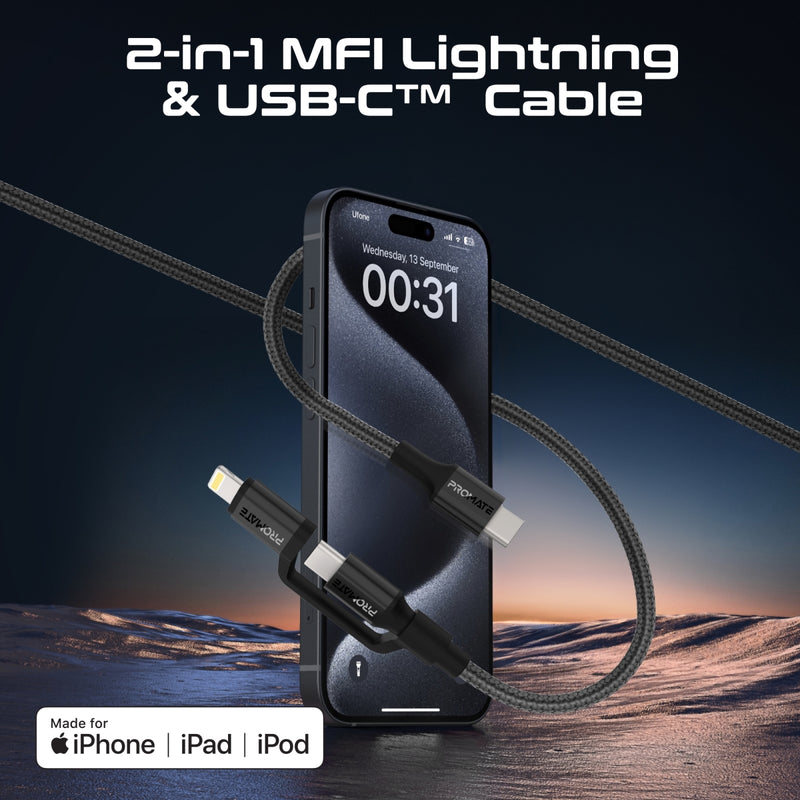 Promate PowerLink-CCi Black interchangeable USB-C and Lightning tips close-up
