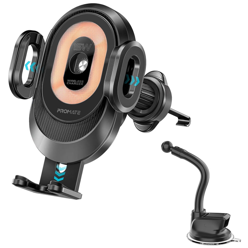 Promate PowerMount-2 حامل شحن لاسلكي شفاف بإغلاق آلي - صورة أمامية