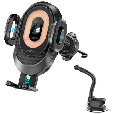 Promate PowerMount-2 حامل شحن لاسلكي شفاف بإغلاق آلي - صورة أمامية