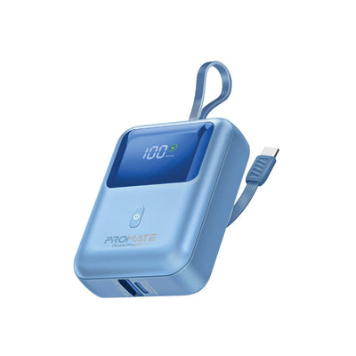 Promate PowerPod-10 Power Bank 10000mAh 35W Built-In USB-C Cable Blue-Front