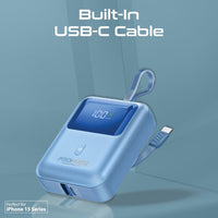 Promate PowerPod-10 Power Bank 10000mAh 35W Built-In USB-C Cable Blue-Angle