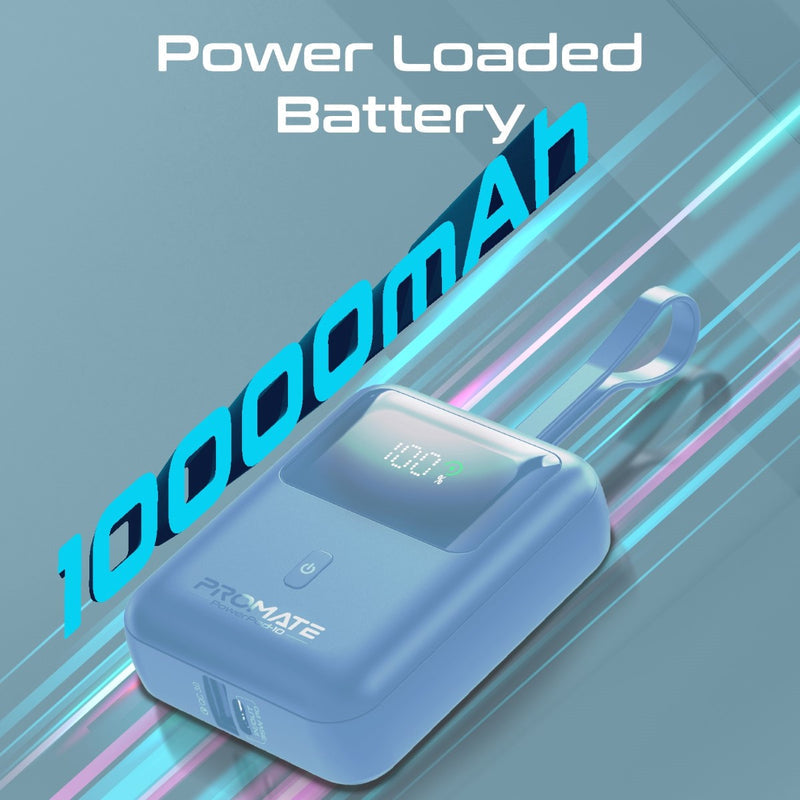 Promate PowerPod-10 Power Bank 10000mAh 35W Built-In USB-C Cable Blue-Cable