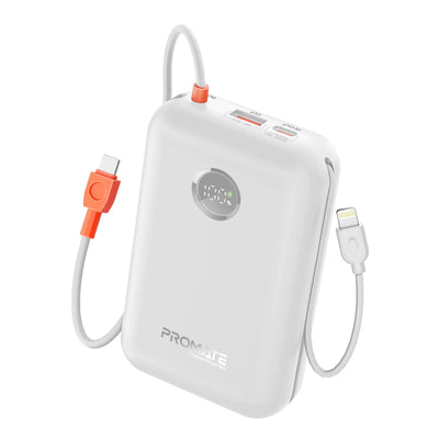Promate PowerPod-30 Power Bank 30000mAh Built-In Cables White-Front