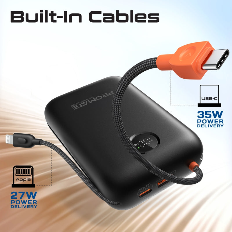 Promate PowerPod-30 Power Bank 30000mAh Built-In Cables Black-Angle
