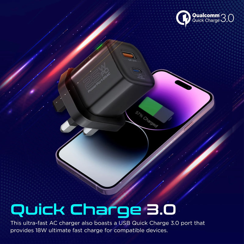 Promate PowerPort-25AC Black charging a phone at 25W Power Delivery