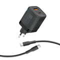 شاحن جداري 25 واط بمنفذين مع كيبل USB-C بقوة 60 واط | Promate PowerPort-25CC 25W Dual Port Adapter Combo with 60W Fast Charging USB-C Cable - Black