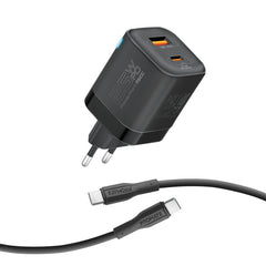 Promate PowerPort-25CC شاحن جداري 25 واط بمنفذين مع كيبل USB-C 60 واط - أسود - صورة أمامية