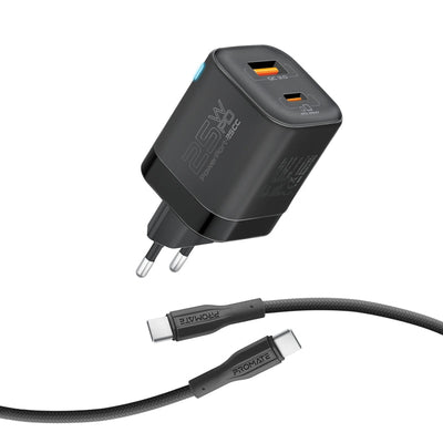 Promate PowerPort-25CC شاحن جداري 25 واط بمنفذين مع كيبل USB-C 60 واط - أسود - صورة أمامية