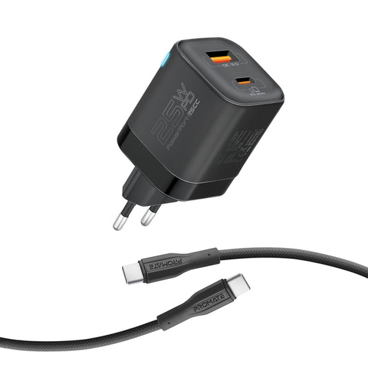 Promate PowerPort-25CC شاحن جداري 25 واط بمنفذين مع كيبل USB-C 60 واط - أسود - صورة أمامية