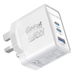 Promate PowerPort-45 White 45W GaNFast triple-port UK plug charger - main view