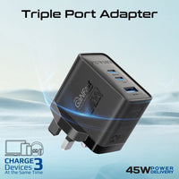 Promate PowerPort-45 Black port layout with dual USB-C and Quick Charge USB-A