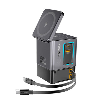 Promate PowerSync-105 محطة شحن 105 واط 6 في 1 بكيبلين مدمجين - صورة أمامية