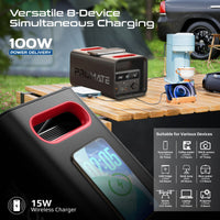 Promate PowerTank-600 portable power station display screen showing battery status