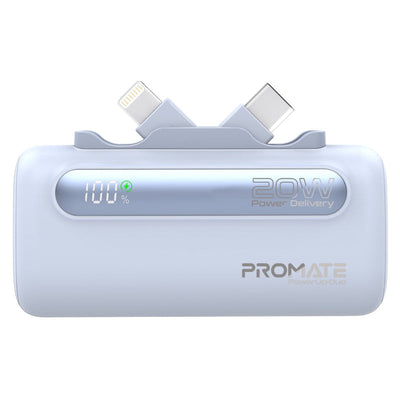 Promate PowerUp-Duo Mini Power Bank 5000mAh Foldable Connectors Blue-Front