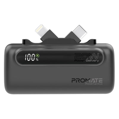 Promate PowerUp-Duo Mini Power Bank 5000mAh Foldable Connectors Black-Front