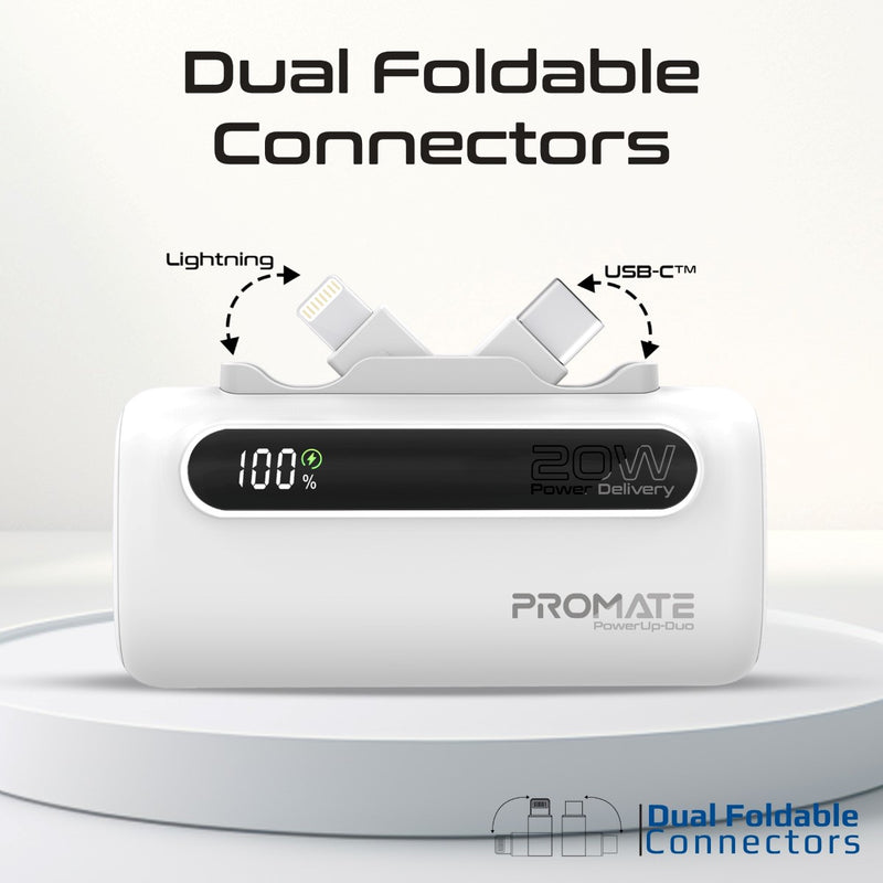 Promate PowerUp-Duo Mini Power Bank 5000mAh Foldable Connectors White-Connectors