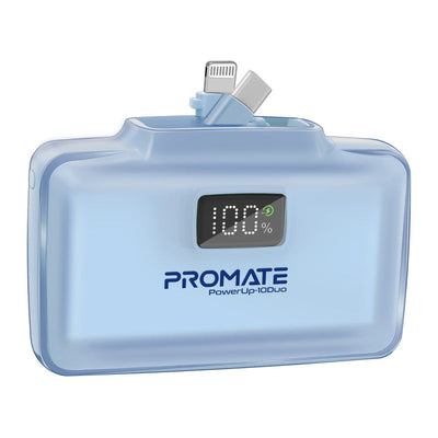 Promate PowerUp-10Duo Mini Power Bank 10000mAh Foldable Connectors Blue-Front