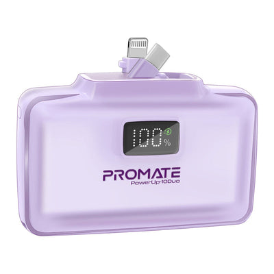 Promate PowerUp-10Duo Mini Power Bank 10000mAh Foldable Connectors Purple-Front