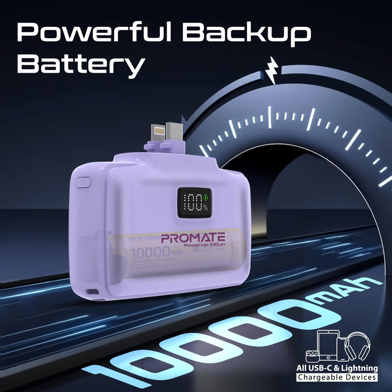 Promate PowerUp-10Duo Mini Power Bank 10000mAh Foldable Connectors Purple-Angle