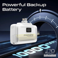 Promate PowerUp-10Duo Mini Power Bank 10000mAh Foldable Connectors White-Angle