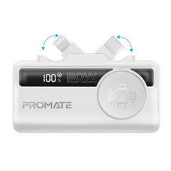 Promate PowerUp-Trio Mini Power Bank 5000mAh Foldable Connectors White-Front