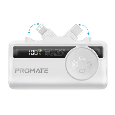 Promate PowerUp-Trio Mini Power Bank 5000mAh Foldable Connectors White-Front