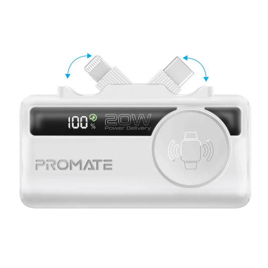 Promate PowerUp-Trio Mini Power Bank 5000mAh Foldable Connectors White-Front