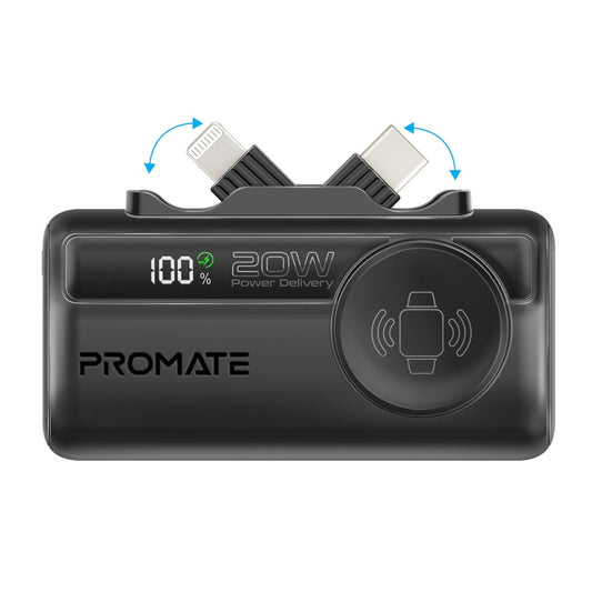 Promate PowerUp-Trio Mini Power Bank 5000mAh Foldable Connectors Black-Front