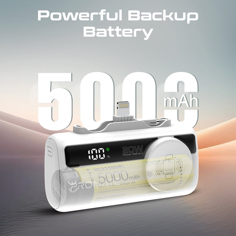 Promate PowerUp-Trio Mini Power Bank 5000mAh Foldable Connectors White-Angle