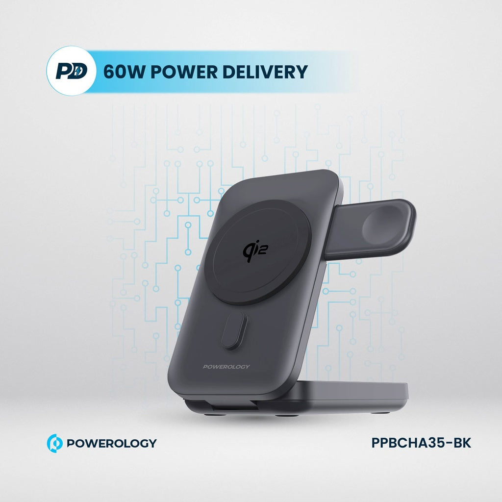باور بانك ماغسيف باورولوجي 3 في 1 بسعة 10000 مللي امبير - اسود | Powerology 10000mAh 3 in 1 MagSafe Power Bank – Black.