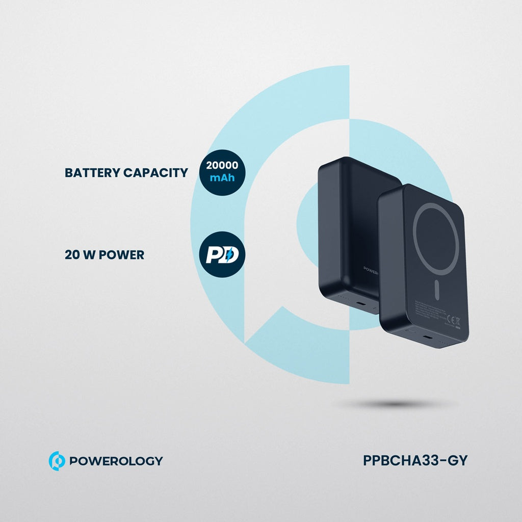 باور بانك باورولوجي المنيوم 20000mAh ومتوافق مع ماج سيف, شحن سريع 20 واط - رمادي | Powerology 20000mAh MagSafe Aluminum Power Bank – 20W PD – Grey.