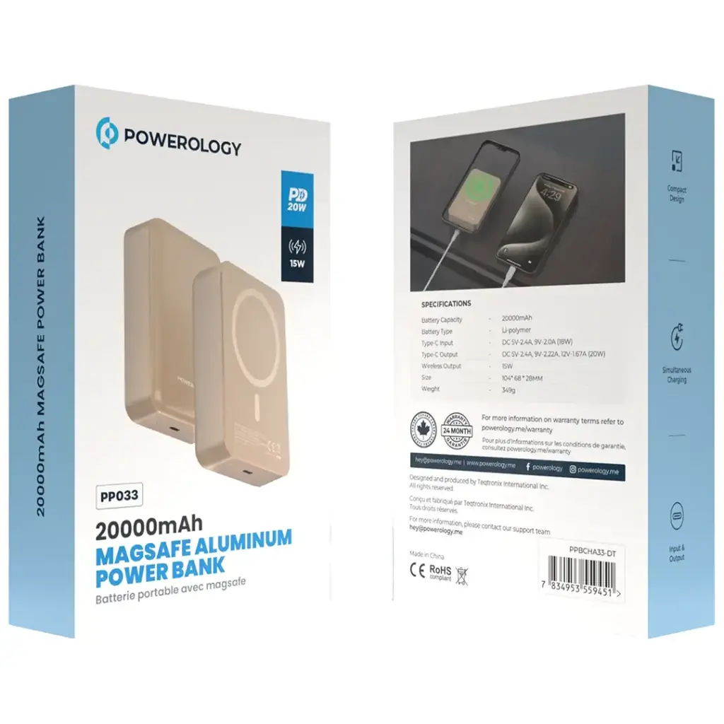 Bankeya Hêzê ya Powerology 20000mAh bi Şarjkirina Bêtêl a 15W û Şarjkirina Bilez a 20W - Desert Titanium | Bankeya Hêzê ya Bêtêl a Powerology 20000mAh 20W PD &amp; 15W MagSafe – Desert Titanium