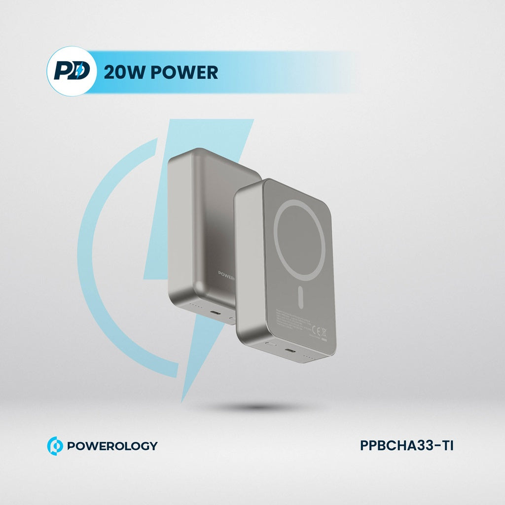 باور بانك باورولوجي المنيوم 20000mAh ومتوافق مع ماج سيف, شحن سريع 20 واط - رمادي | Powerology 20000mAh MagSafe Aluminum Power Bank – 20W PD – Grey.