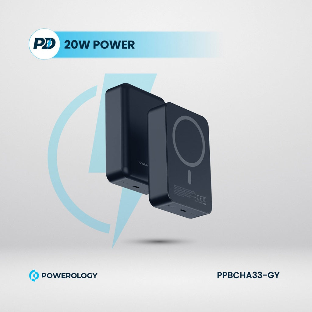 باور بانك باورولوجي المنيوم 20000mAh ومتوافق مع ماج سيف, شحن سريع 20 واط - رمادي | Powerology 20000mAh MagSafe Aluminum Power Bank – 20W PD – Grey.