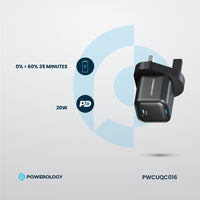 شاحن باورولوجي جداري 20 واط بمنفذ تايب سي واحد, شحن سريع PD | Powerology 20W GaN Single USB-C PD Wall Charger, Fast Charging.