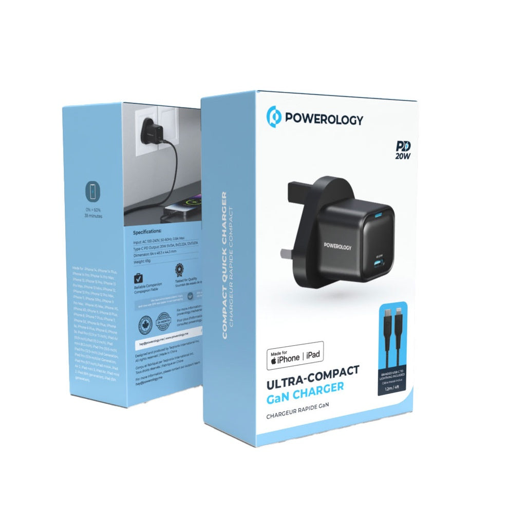 Şarjêra PD-ê ya Powerology 20W ya yek porta C ya Keyaniya Yekbûyî bi kabloya Type-C bo Lightning MFI 27W.