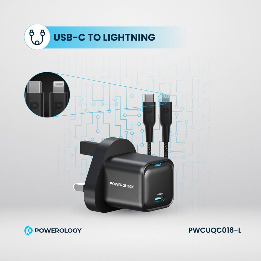 Şarjêra PD-ê ya Powerology 20W ya yek porta C ya Keyaniya Yekbûyî bi kabloya Type-C bo Lightning MFI 27W.