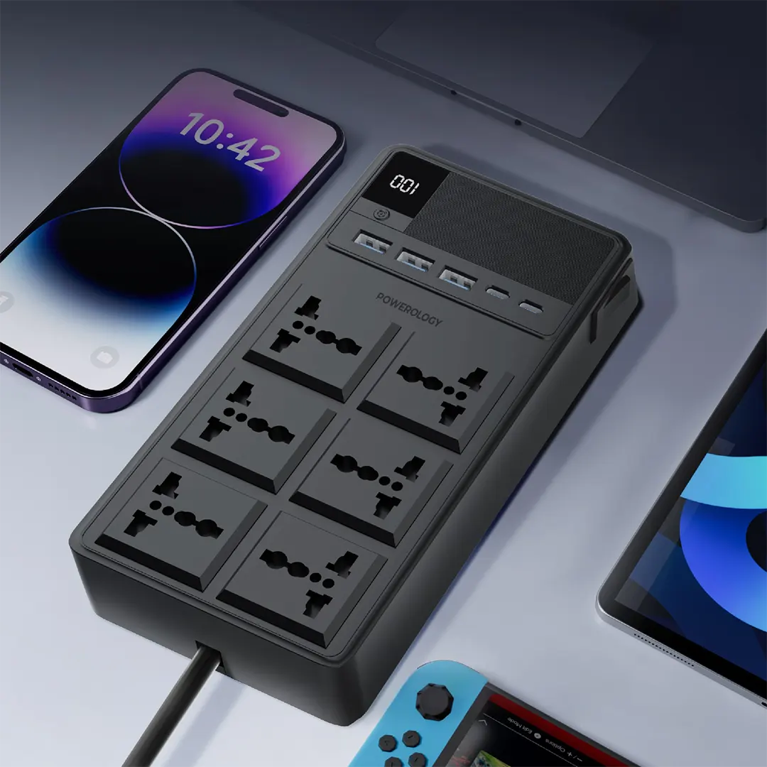 Şîrîta Hêzê ya Powerology 2500W 6 AC bi Kabloyên Vekişîner ên Çêkirî - Reş