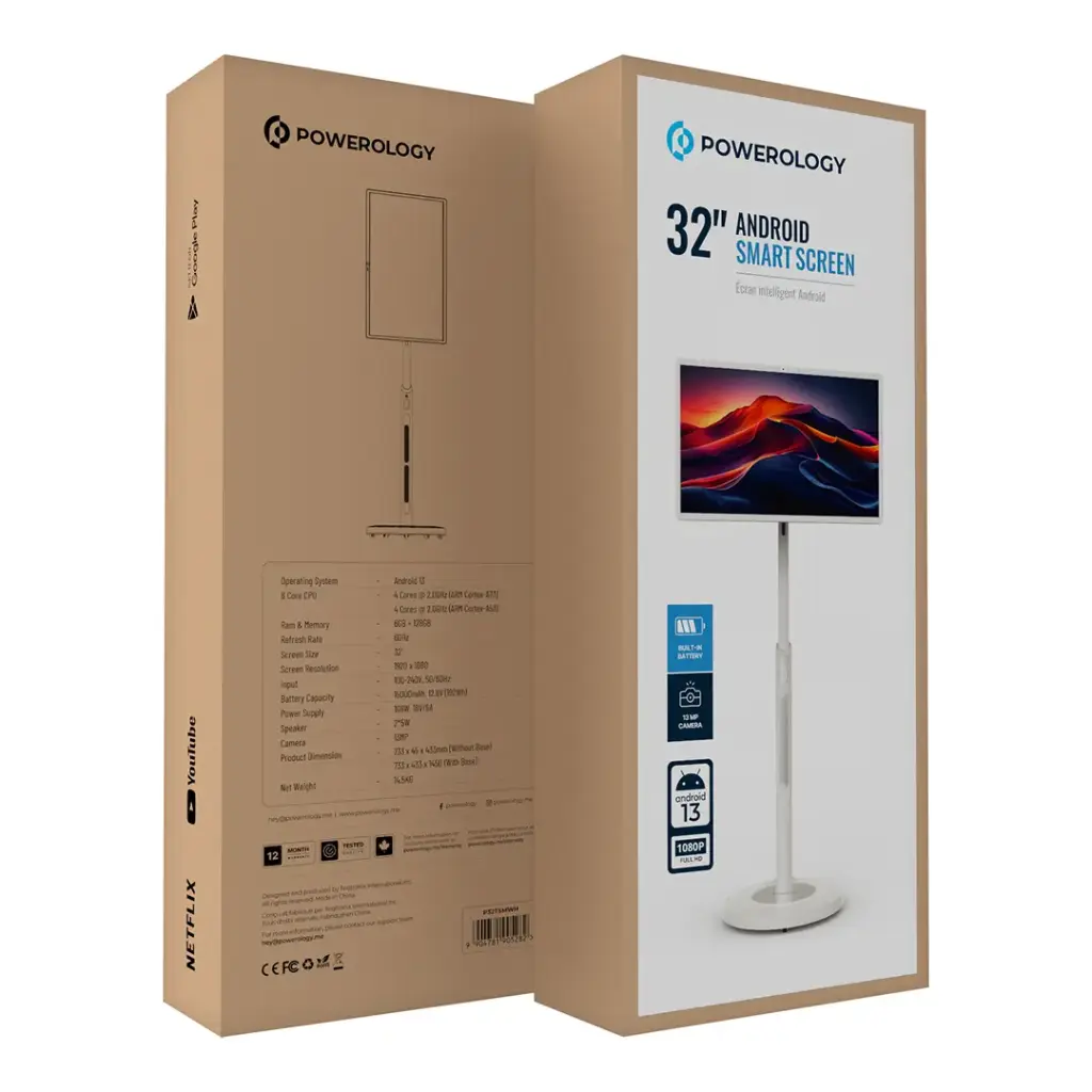 Monîtorê Ekrana Destî ya Powerology 32", Batarya 15000mAh, Depoya Hilanînê 128GB+6GB, bi Standê - Spî