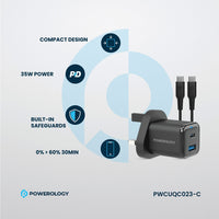 شاحن باورولوجي GaN 35 واط PD + QC بمنفذين USB-C و USB-A مع كابل Type-C 60W – UK | Powerology 35W GaN PD QC Charger USB-C + USB-A with 60W Type-C Cable UK Black