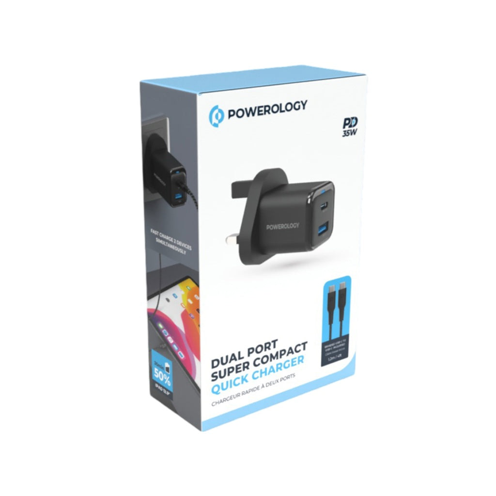 شاحن باورولوجي GaN 35 واط PD + QC بمنفذين USB-C و USB-A مع كابل Type-C 60W – UK | Powerology 35W GaN PD QC Charger USB-C + USB-A with 60W Type-C Cable UK Black