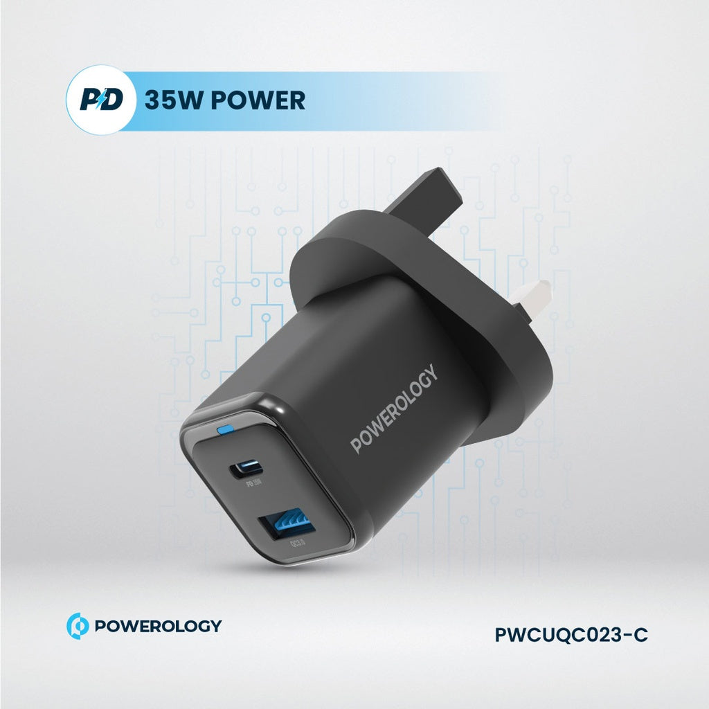 شاحن باورولوجي GaN 35 واط PD + QC بمنفذين USB-C و USB-A مع كابل Type-C 60W – UK | Powerology 35W GaN PD QC Charger USB-C + USB-A with 60W Type-C Cable UK Black