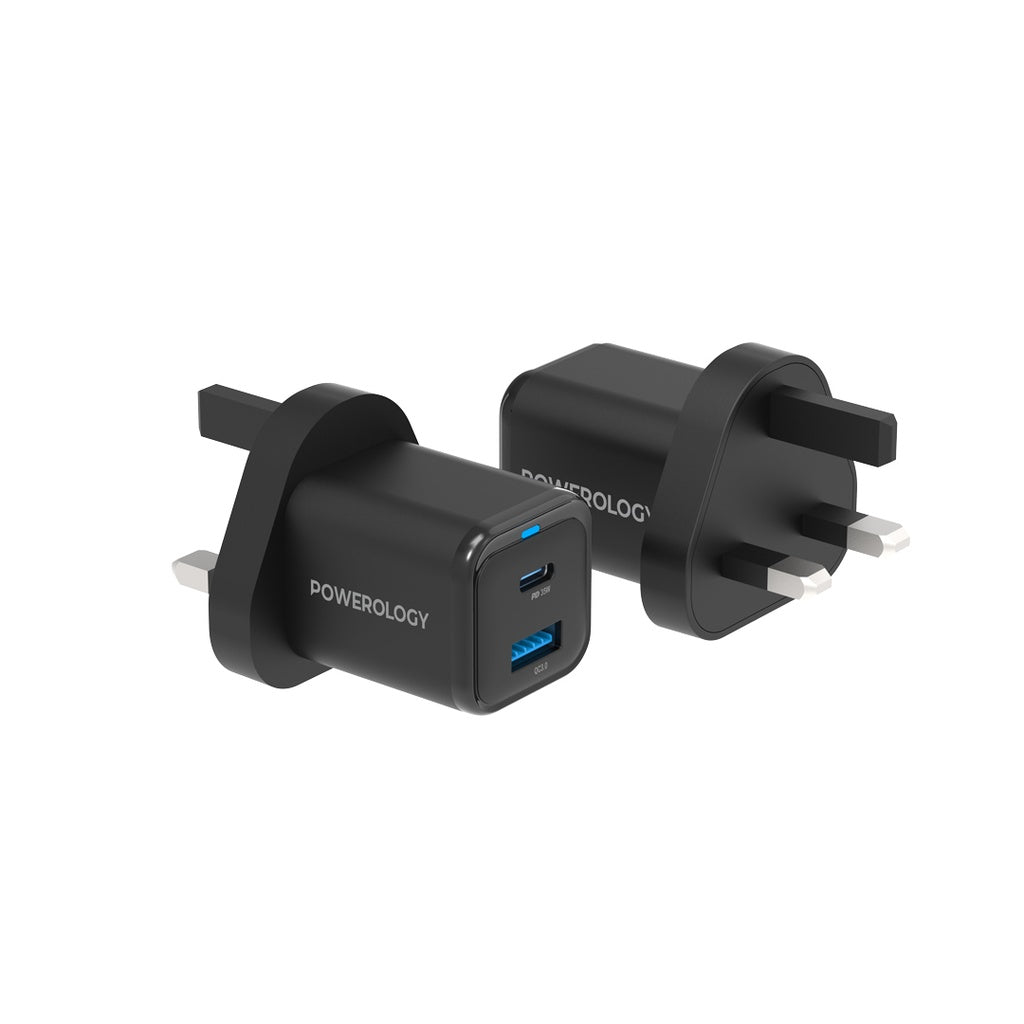 Şarjêra Dual USB-C û USB-A ya Powerology GaN 35W bi Kabloya USB-C ber bi Lightning | Şarjêra Powerology 35W PD QC GaN UK 1xUSB-C 35W + 1xUSB-A 18W bi Kabloya USB-C ber bi Lightning.