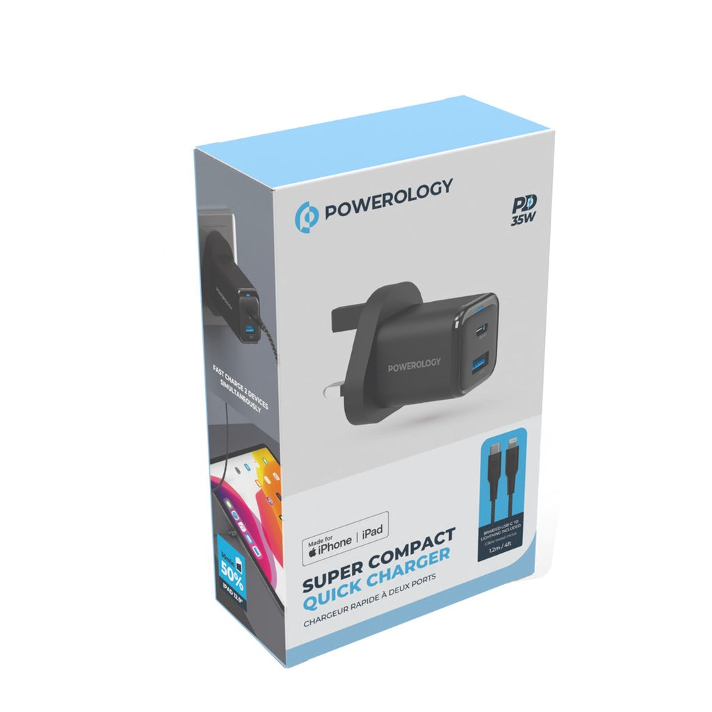 Şarjêra Dual USB-C û USB-A ya Powerology GaN 35W bi Kabloya USB-C ber bi Lightning | Şarjêra Powerology 35W PD QC GaN UK 1xUSB-C 35W + 1xUSB-A 18W bi Kabloya USB-C ber bi Lightning.